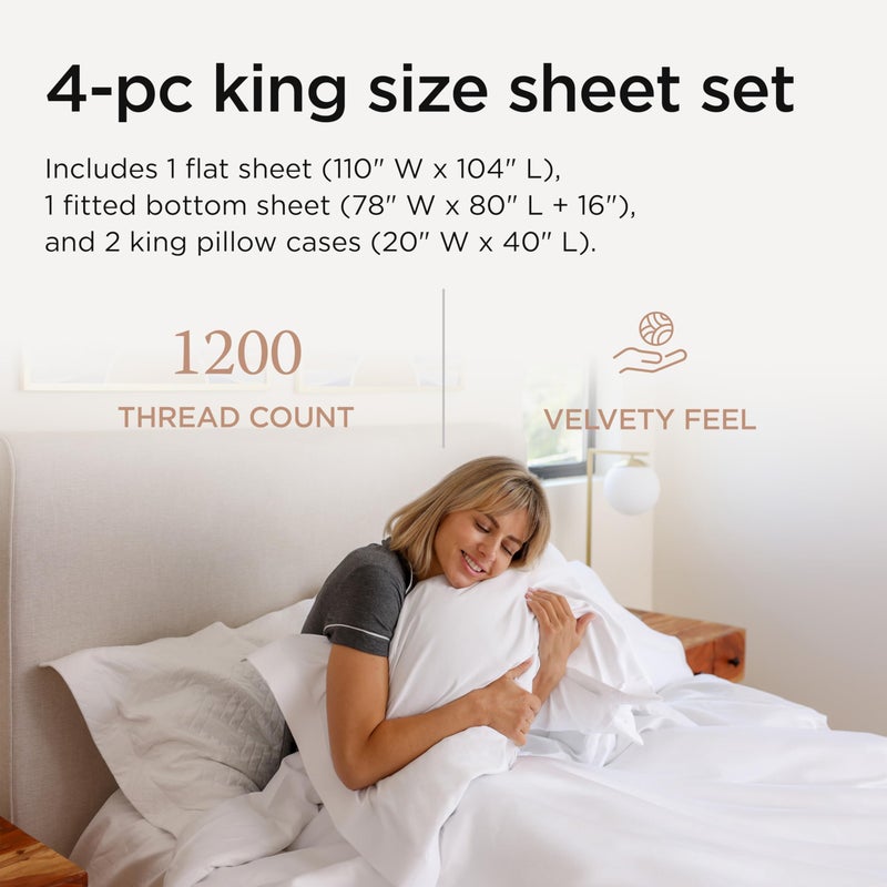Threadmill 100% American Certified Supima Cotton Sheets King Size - 1200 Thread Count, 4Pc King Size Sheets Set, Smooth Sateen, Ultra Luxury Bed Sheets, 17" Deep Pocket King Sheet Set - White Sheets - Image 2